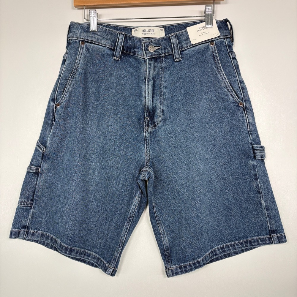 Hollister Mens Baggy Jean Shorts W29 Blue Medium Wash Stretch Knee Length Denim